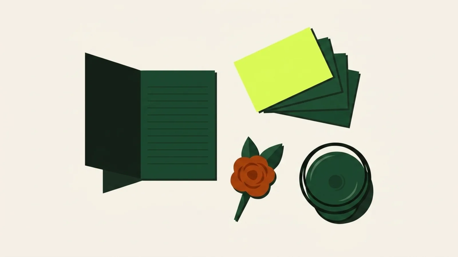 A cut-paper illustration seen from above: an open folded card ruled with blank lines, a stack of cue cards, a buttonhole flower and a shallow coupe glass.